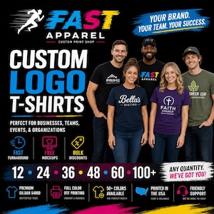Puede incluir: Un gr&aacute;fico promocional de camisetas con logotipo personalizado que muestra a cuatro personas con varias camisetas de marca. El texto incluye FAST APPAREL, CUSTOM LOGO T-SHIRTS, YOUR BRAND. YOUR TEAM. YOUR SUCCESS. y detalles sobre pedidos al por mayor.