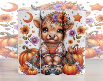 Highland Cow Skinny Tumbler Wrap Glitter Fall Sublimation Heat Transfer Design PNG