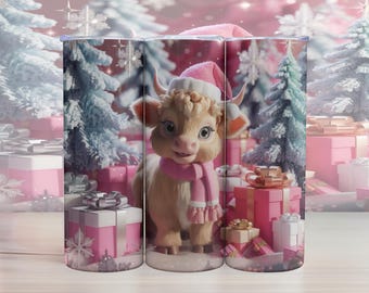 Pink Christmas Highland Cow Tumbler – 20oz Skinny Sublimation Design (Digital Download)