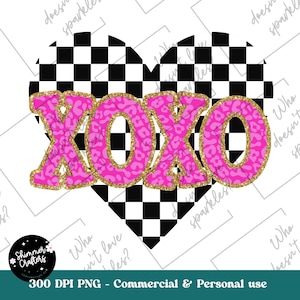 May include: A pink and gold XOXO graphic with a chequered heart background. The XOXO letters are outlined in gold and have a pink leopard print pattern.
