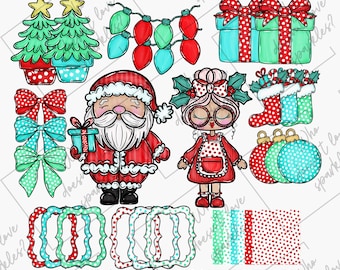 May include: A collection of hand-drawn Christmas clipart featuring festive elements. Includes Christmas trees, string lights, gift boxes, bows, Santa Claus, Mrs. Claus, stockings, ornaments, frames, and patterned papers. The text reads "JOLLY DOTS COLLECTION: CHRISTMAS CLIPART BUNDLE".