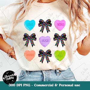 May include: Cream-colored t-shirt featuring nine colorful heart and bow designs. The hearts display phrases like "LOVE," "HUGS," and "BE MINE." The bows have a checkered pattern. The text "300 DPI PNG - Commercial & Personal use" is also visible.