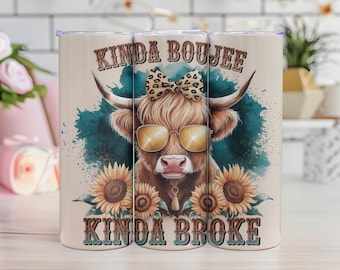 Vaca de las Tierras Altas Divertida PNG: Diseño de Sublimación "Boujee Broke" (Descarga Digital)