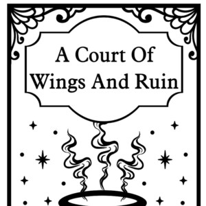 Peut inclure: Illustration en noir et blanc de la couverture d'un livre intitulé "A Court of Wings and Ruin" de Sarah J. Maas. La couverture représente un chaudron avec de la vapeur qui s'en échappe et une chaîne de montagnes avec des étoiles en arrière-plan.