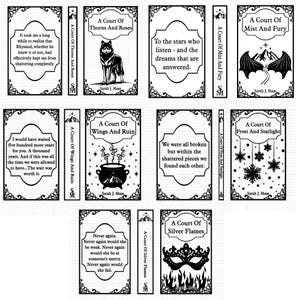 Peut inclure: Une collection de couvertures de livres pour la série "A Court of Thorns and Roses" de Sarah J. Maas. Les couvertures présentent des illustrations en noir et blanc d'un loup, d'un chaudron, d'une chauve-souris, de flocons de neige et d'un masque de mascarade.