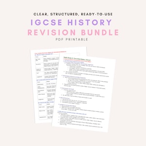 May include: Two sheets of paper with detailed notes on history topics. The text on the top reads "CLEAR, STRUCTURED, READY-TO-USE IGCSE HISTORY REVISION BUNDLE PDF PRINTABLE". The notes are in black font on a white background.