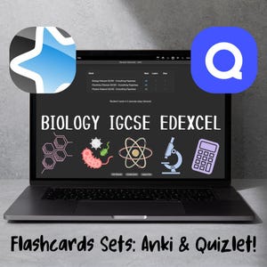 May include: A laptop computer screen displaying flashcards for Biology IGCSE Edexcel. The screen shows a variety of icons including a honeycomb, a microscope, an atom, and a calculator. The text "Flashcards Sets: Anki & Quizlet!" is displayed below the laptop.