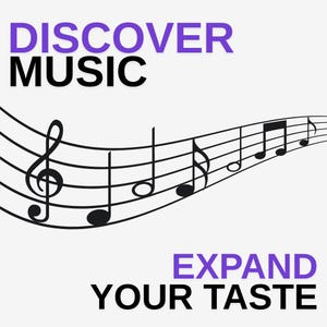 Puede incluir: Descubre música, expande tu gusto. Un gráfico con un texto superpuesto en morado y negro sobre un fondo blanco. El gráfico presenta un pentagrama musical negro con notas musicales.