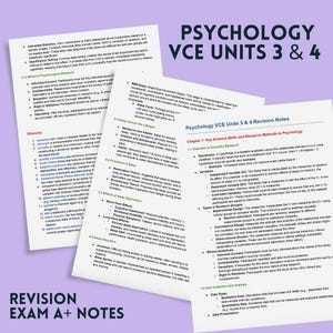 May include: Psychology VCE Units 3 & 4 Revision Notes cover page with a glossary of terms and a section on Key Science Skills and Research Methods in Psychology. The notes are designed for students studying for their VCE exams.