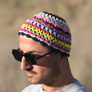 Crochet Beanie Multicolor Unisex Men Women  Handmade Hat Winter Fall Cozy Gift Holiday Yarn Cotton Bohemian Hippie Blue Kufi