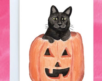 Biglietto con gatto nero / Biglietto per gli amanti di Halloween / Biglietto con gatto carino di Halloween / Gatto e zucca di Halloween / Biglietto di Halloween / Biglietto di Halloween