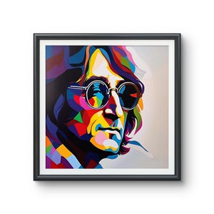 Może przedstawiać: Oprawiony portret pop-art mężczyzny w okrągłych okularach przeciwsłonecznych. Grafika charakteryzuje się żywą paletą barw niebieskiego, żółtego, czerwonego i zielonego. Włosy postaci są długie i ciemne, a rama czarna.