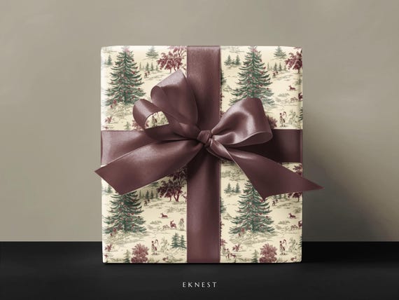 Toile De Jouy Vintage Xmas Wrapping Paper, Holiday Gift Wrap, Classic Christmas, Vintage French Fabric Art Wrap Paper, Design Luxury