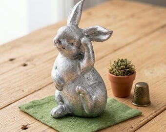 Whimsical Silver Finish Rabbit Sculpture: 3 Inch Folk Art Bunny Figurine