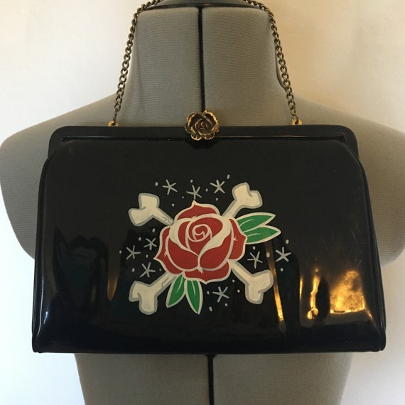 Vintage Black Patent Clutch Handbag Purse Rose an… - image 1