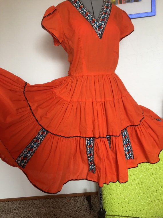Vintage Womens Swing Dress Orange and Black Full … - image 7
