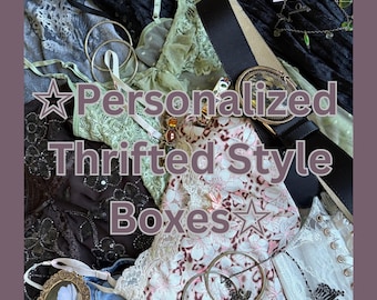 May include: A collection of clothing and accessories including a black belt with a gold buckle, a light green lace top, a floral print top, a black sequined garment, blue denim, and a small oval framed picture with the text Personalized Thrifted Style Boxes.