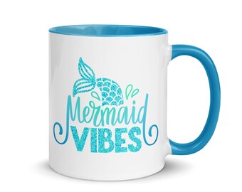Mermaid Vibes Mug: Turquoise Accent Cup, Beachy Ocean Mermaid Tail Gift