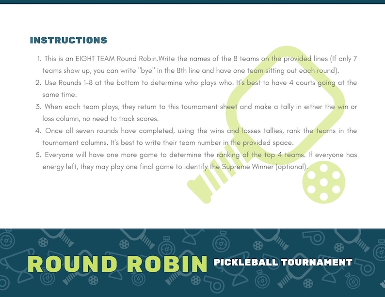 Pickleball Tournament Brackets for 8 Team Round Robin Digital Download