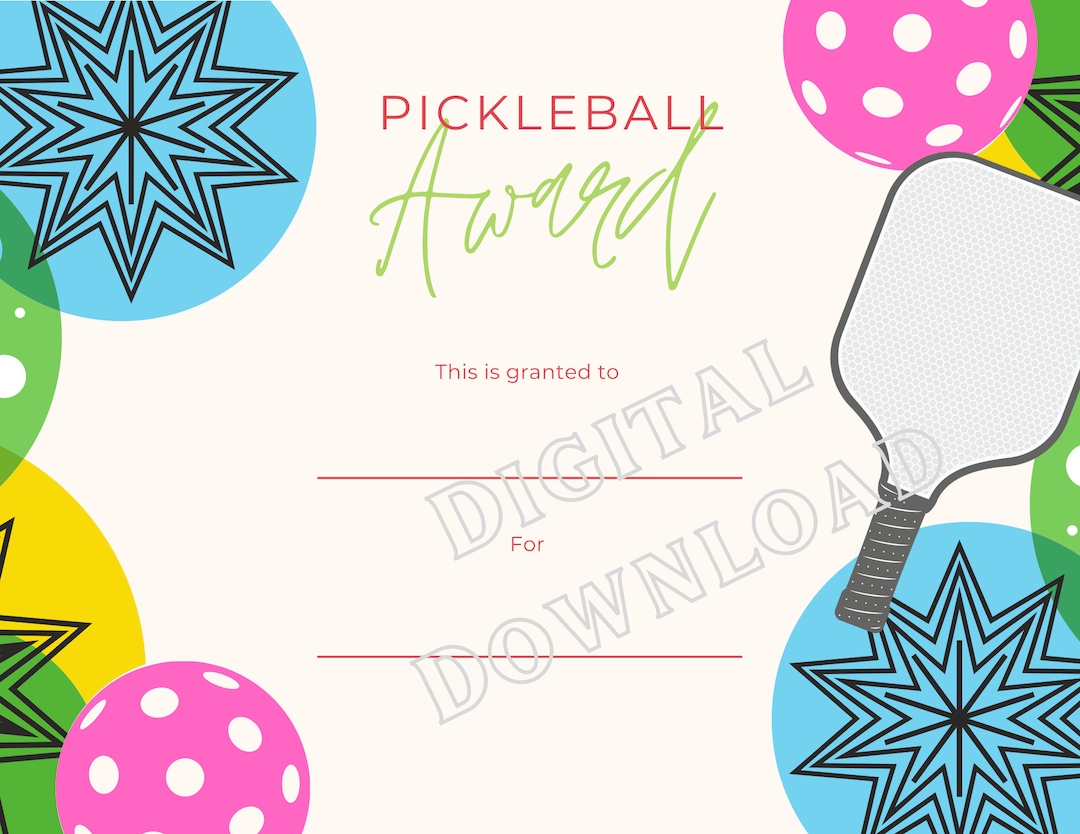Colorful Pickleball Award Certificate Digital Download Etsy