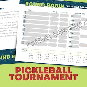 Puede incluir: Un cuadro imprimible para un torneo de pickleball de ocho equipos. El cuadro incluye instrucciones, una lista de equipos, un calendario de round robin y un cuadro de torneo.