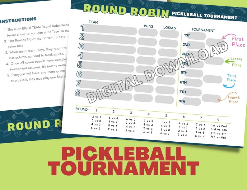 Pickleball Tournament Brackets for 8 Team Round Robin Digital Download