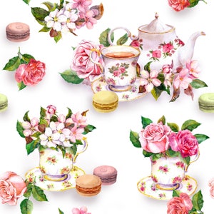 May include: A watercolor illustration of a tea party with floral accents. The illustration features a teapot, teacups, macarons, and pink roses. The teacups and teapot are decorated with floral patterns. The macarons are in shades of pink and green. The roses are in shades of pink and red.