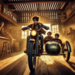 Op de afbeelding: Een vintage-stijl motorfiets met een zijspan, bestuurd door een jong persoon in een leren jack en jeans. De motorfiets bevindt zich in een rustieke omgeving, met houten muren en een bord met de tekst "The Rusty Nail".