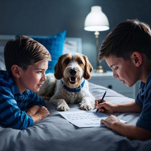 Könnte beinhalten: Zwei Jungen liegen mit einem Hund auf einem Bett. Ein Junge schreibt auf ein Blatt Papier, während der andere den Hund anschaut. Der Hund ist ein brauner und weißer Mischling mit einem blauen Halsband.
