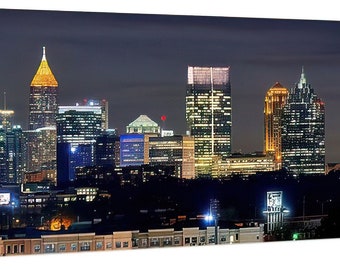 CANVAS Atlanta Skyline at Night Color or BW Downtown Midtown Panoramic Photo Cityscape Standard Size