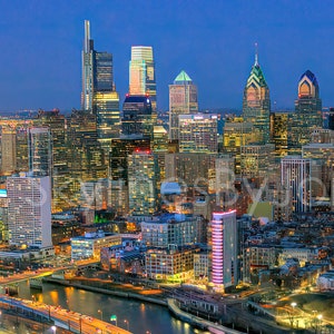 Philadelphia Philly 2019 Skyline NIGHT Photo Poster Cityscape Downtown Print Aerial Color