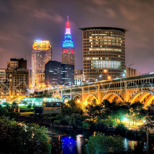 Cleveland Skyline at NIGHT Detroit Ave Bridge Panoramic Photo Poster Cityscape Print Standard Frame Size