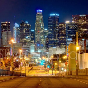 Los Angeles Skyline NIGHT View from East LA Downtown Poster Print Canvas - Cityscape