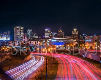 Milwaukee Skyline NIGHT 2022 original photograph - Canvas Art Fiserv Forum Light Trails Photo