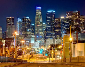 Los Angeles Skyline NIGHT View from East LA Downtown Poster Print Canvas - Cityscape