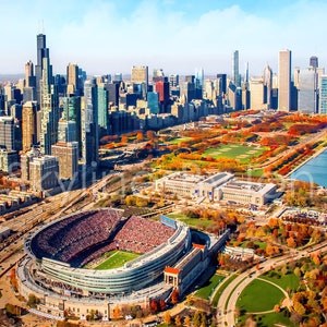 Chicago Skyline Soldier Field Autumn Aerial original photograph - Canvas Art Fall Football Photo