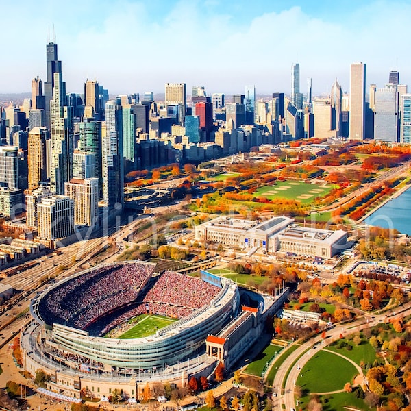 Chicago Skyline Soldier Field Autumn Aerial original photograph - Canvas Art Fall Football Photo