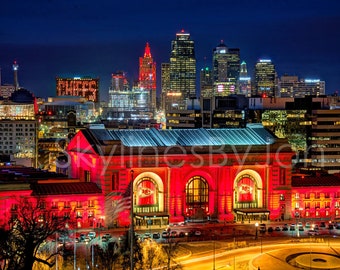 Kansas City KC Skyline NIGHT Photo Poster Cityscape Downtown Print Union Station Chiefs Red ChiefsKingdom