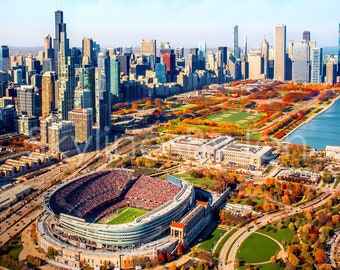 Chicago Skyline Soldier Field Autumn Aerial original photograph - Canvas Art Fall Football Photo