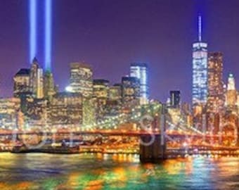 CANVAS New York City NYC Skyline NIGHT Brooklyn Bridge Tribute Lights Lower Manhattan Panoramic Photo Cityscape