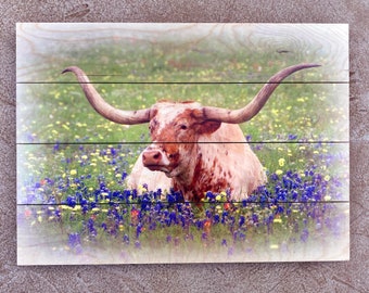 Texas Longhorn WOOD PALLET "Country Vintage Look" Bluebonnets Springtime original - Wood Art Wild Flowers Landscape