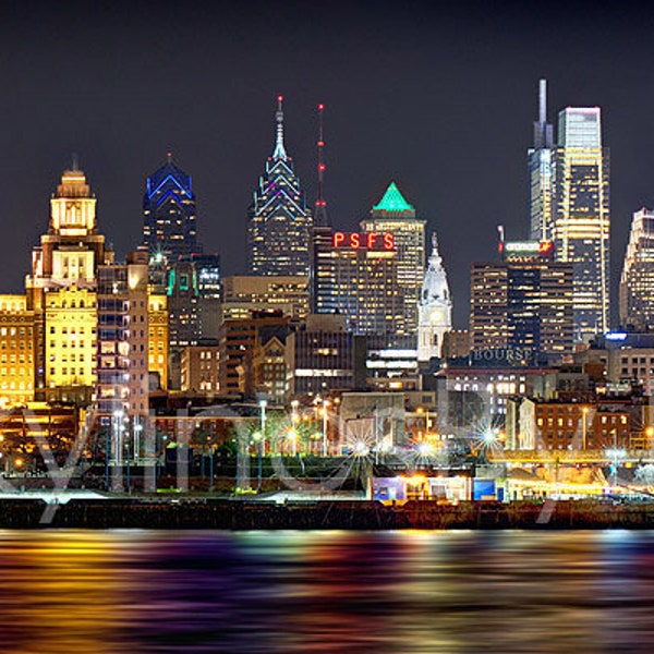 CANVAS Philadelphia Skyline 2018 Night Color or BW Philly Panoramic Photo Cityscape Print