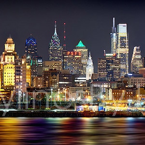 Philadelphia Skyline 2018 Photo Print UNFRAMED Night from East Color Philly City Downtown 11.75 inches x 36 inches Photographic Panorama Print Photo Picture Standard Size 