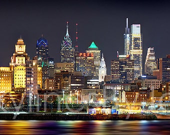 Philadelphia Skyline 2018 Night Color or BW Philly Panoramic Photo Poster Cityscape Print