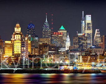 Skyline de Philadelphie CANVAS 2018, couleur nocturne ou impression photo panoramique N.-B. Philadelphie, paysage urbain