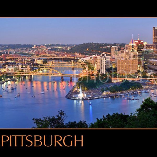 Pittsburgh Skyline at Dusk Sunset BORDERED COLOR or BW Panoramic Photo Poster Cityscape Print