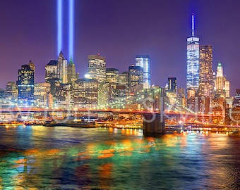 New York City NYC Skyline NIGHT Brooklyn Bridge Tribute Lights Lower Manhattan Panoramic Photo Poster Cityscape