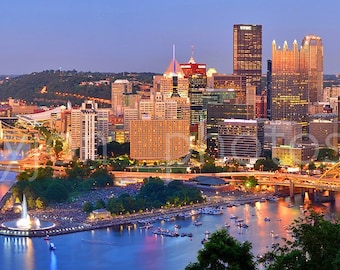 Pittsburgh Skyline at Dusk Sunset BORDERLESS COLOR or BW Panoramic Photo Poster Cityscape