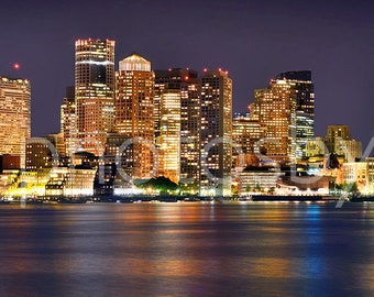 Boston Skyline NIGHT Boston Harbor Panoramic Photo Poster Cityscape