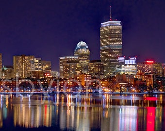 CANVAS Boston Back Bay Skyline 2017 NIGHT Charles River Panoramic Photo Cityscape Print